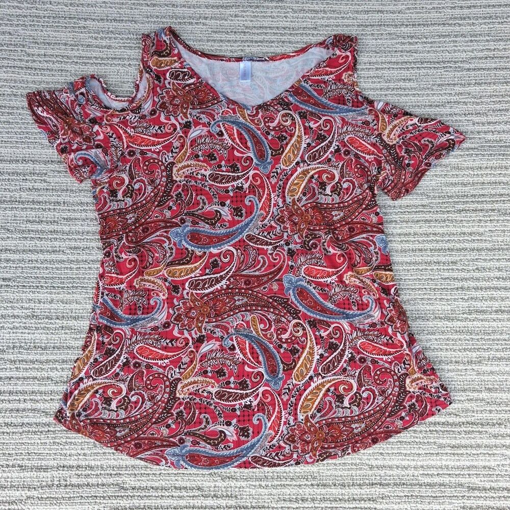 NILOUFO Women Large Red Paisley Cold Shoulder Short Sleeve Top Blouse Boho Casua